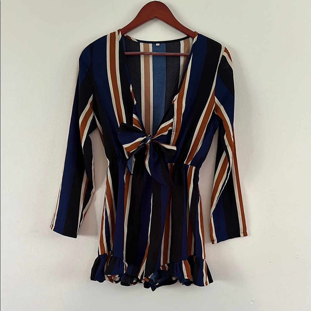 Tan and Blue Tie Front Ruffled Romper